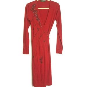 Oilily Maxi Wrap Dress Red Embroidered Long Sleeve